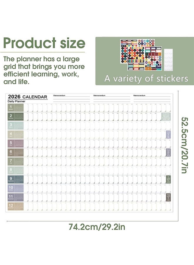 مخطط سنوي لعام 2026، تقويم كامل السنة، صفحة واحدة، تقويم حائط سنوي كبير، ملصق ورقي سميك مع ملصقات للمكتب أو الدراسة أو المنزل - Image 2